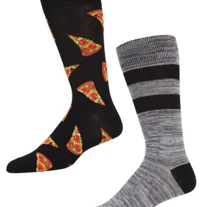 2 Pair Men's Pizza-Themed and Striped Rayon-Blend Novelty Crew Socks