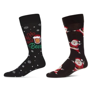 2 Pair Men's Rayon Blend "Holiday Cheer" Christmas Novelty Crew Socks