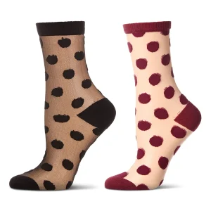 2 Pair Women's Sheer Cotton-Rich Polka Dot Crew Socks