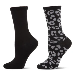 2 Pair Women's Cashmere Blend Leopard and Solid Crew Socks