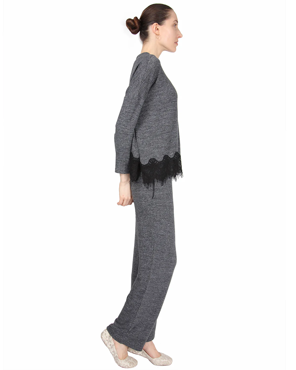 Women's Long Sleeve Lounge Set with Contrast Lace Hem – Image 3