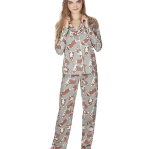Women's Corgi Dog Notch Collar Cotton Blend Pant Pajama Set