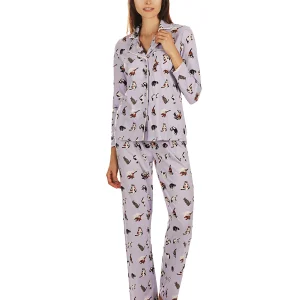 Women's Crazy Cats Notch Collar Cotton Blend Pant Pajama Set