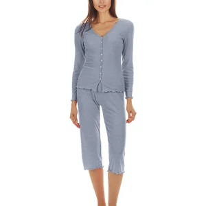 Women's Ruffled Lettuce Edge Rib Long Sleeve and Capri Set