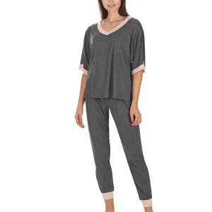 Women's Contrast Trim Loose Fit Modal Short Sleeve and Pants Set