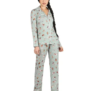 Women's Dog and Bone Notch Collar Cotton Blend Pant Pajama Set