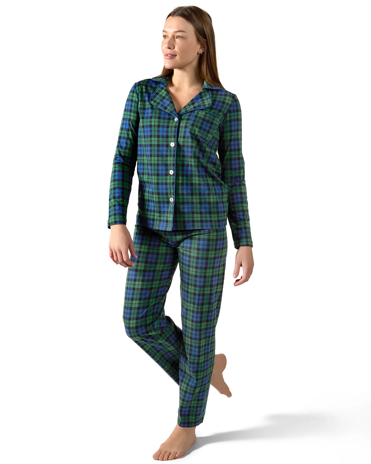 2 Piece Women's Plaid Cotton-Blend Notch-Collar Button-Down Pajama Set In a Bag