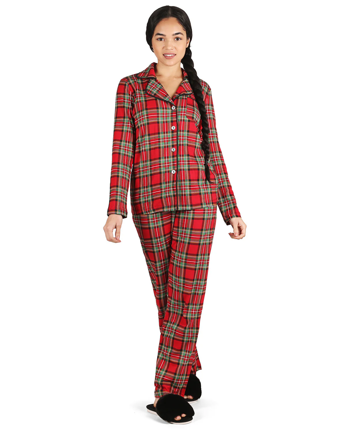 2 Piece Women's Plaid Cotton-Blend Notch-Collar Button-Down Pajama Set In a Bag – Image 3