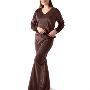 Women's Velour Loose Fit V-Neck Sweatshirt and Pants Set