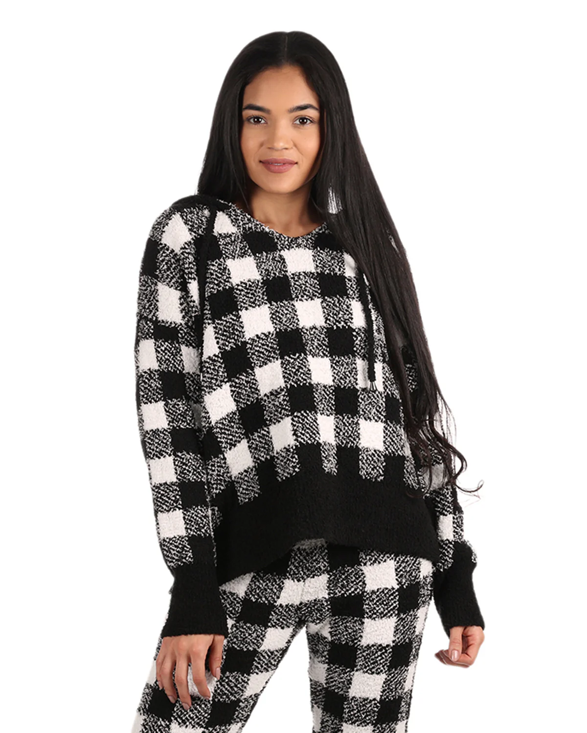 Women's Buffalo Check Cozy Knit Drawstring Hoodie – Image 4