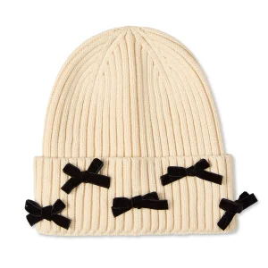 Girls Ribbed "All-Over Bows" Rayon-Blend Cuffed Beanie
