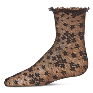 Girls Lace-Trim Lettuce-Edge Floral Net Ankle Sock