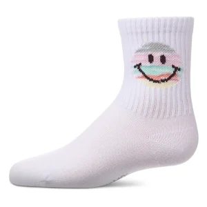 Girls "Colorful Smiley Face" Pointelle Ribbed Cotton-Rich Novelty Crew Sock