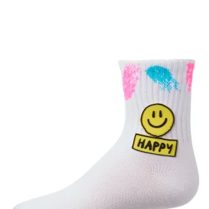 Girls "Happy Face" Cotton Blend Crew Sock with Splatter Paint Graphics