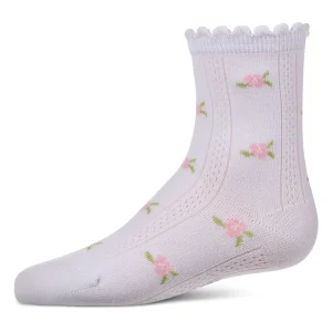Girls Cotton-Rich Scallop-Trim Crew Sock with Mini-Floral Pattern
