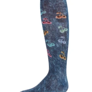 Distressed Wash Denim Cherries Girls Knee High Sock