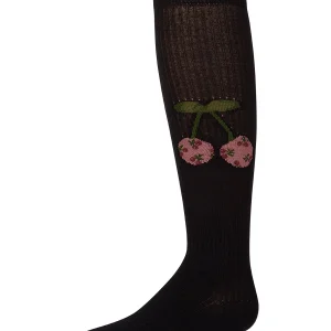 Girls Ribbed Cotton-Rich Cherry Embroidered Knee Sock