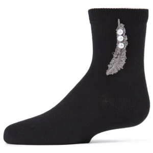 Feathery Combed Cotton Faux Pearl Girls Crew Socks