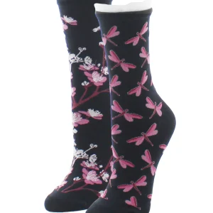 Dragonfly & Floral Cotton Blend Crew Sock 2 Pack