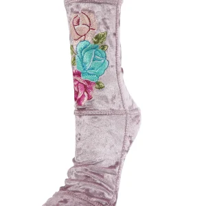 Floral Embroidered Crushed Velvet Crew Socks