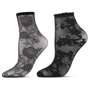 2 Pair Natori Women's Sheer Mesh Floral Lace Shortie Socks