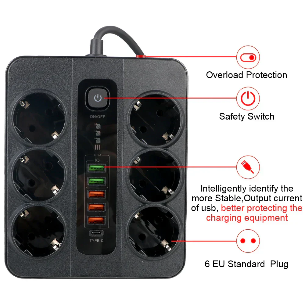 Multiprise 12 en 1 avec bouton On/Off - 6 Prises et 6 Ports USB – Image 4