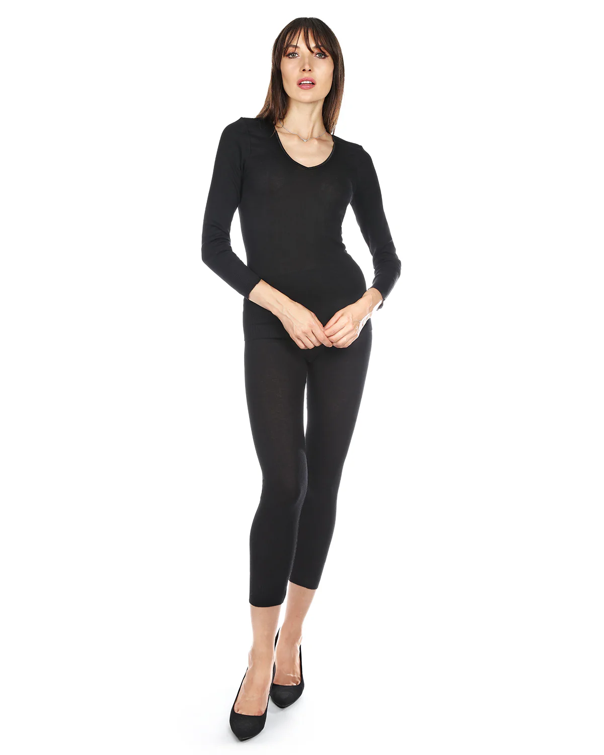 Poly Viscose Flat Knit Long Sleeve V Neck Top – Image 2
