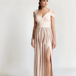 Solène - Robe Longue Plissée Ajustée Fendue à Décolleté Cœur et Bretelles Tombantes Robe de Soirée Rose Pâle